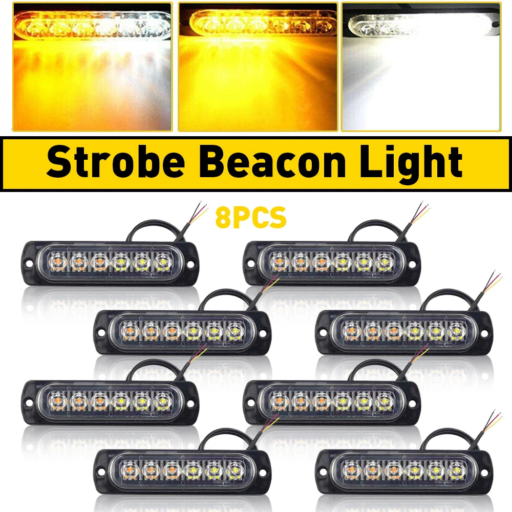 8Pcs Amber & White LED Emergency Strobe Light Kit (12V–24V)