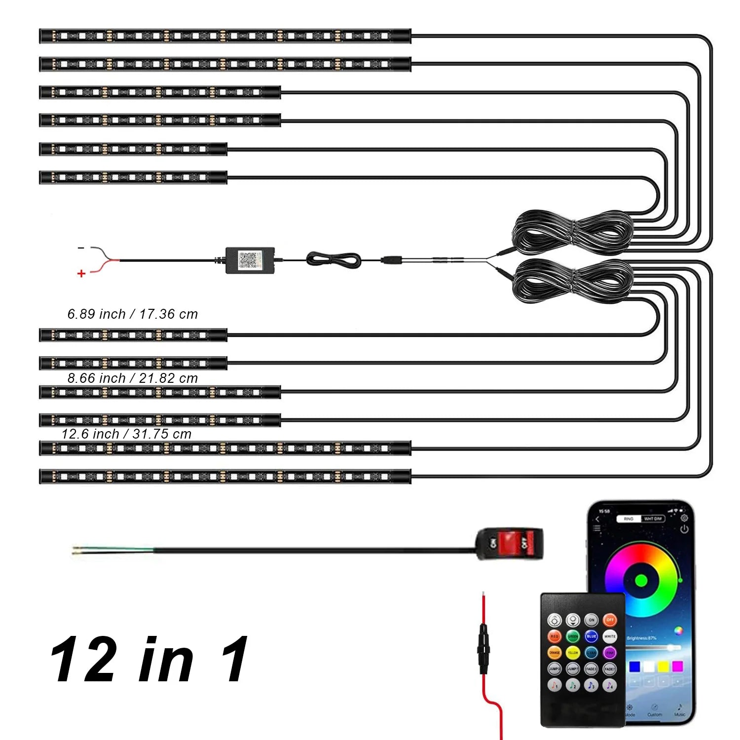 12in1 New Motorcycle Atmosphere Underglow Lights 12V LED Motorcycle Light Kits RGB App Remote Control Decorative Strip